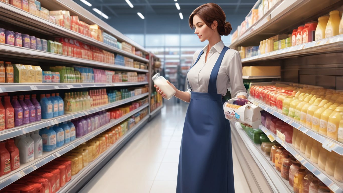 a woman holding a bottle of milk in a grocery store